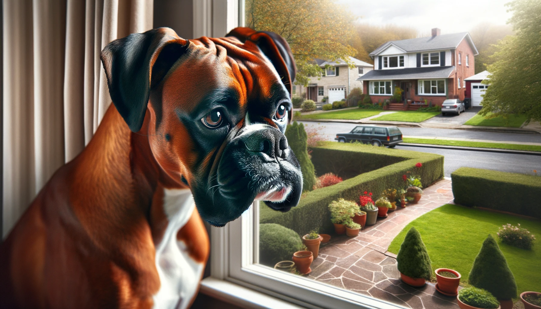 A dog is looking out the window of a house.