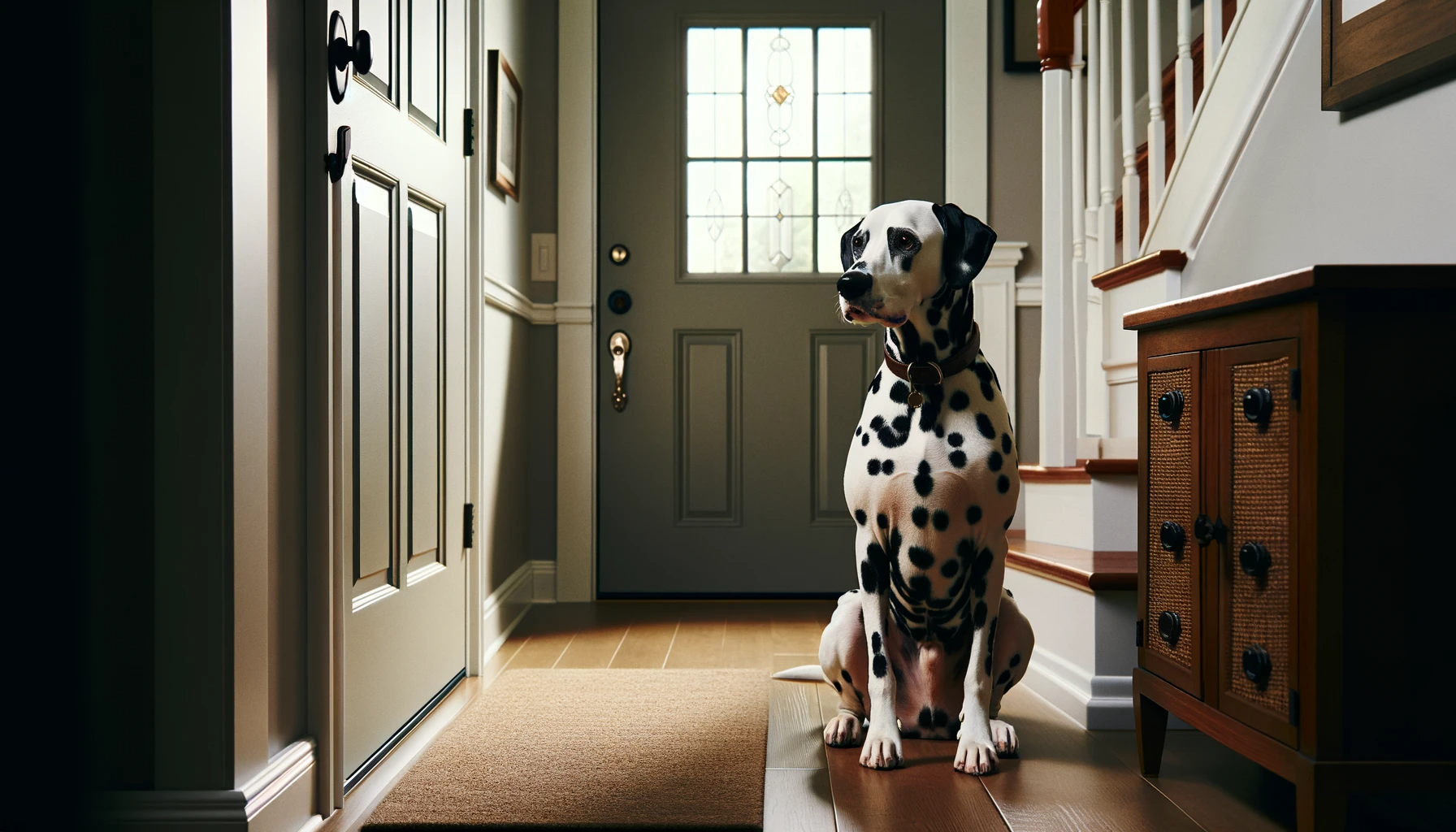 A dalmatian dog sitting in the hallway of a home.