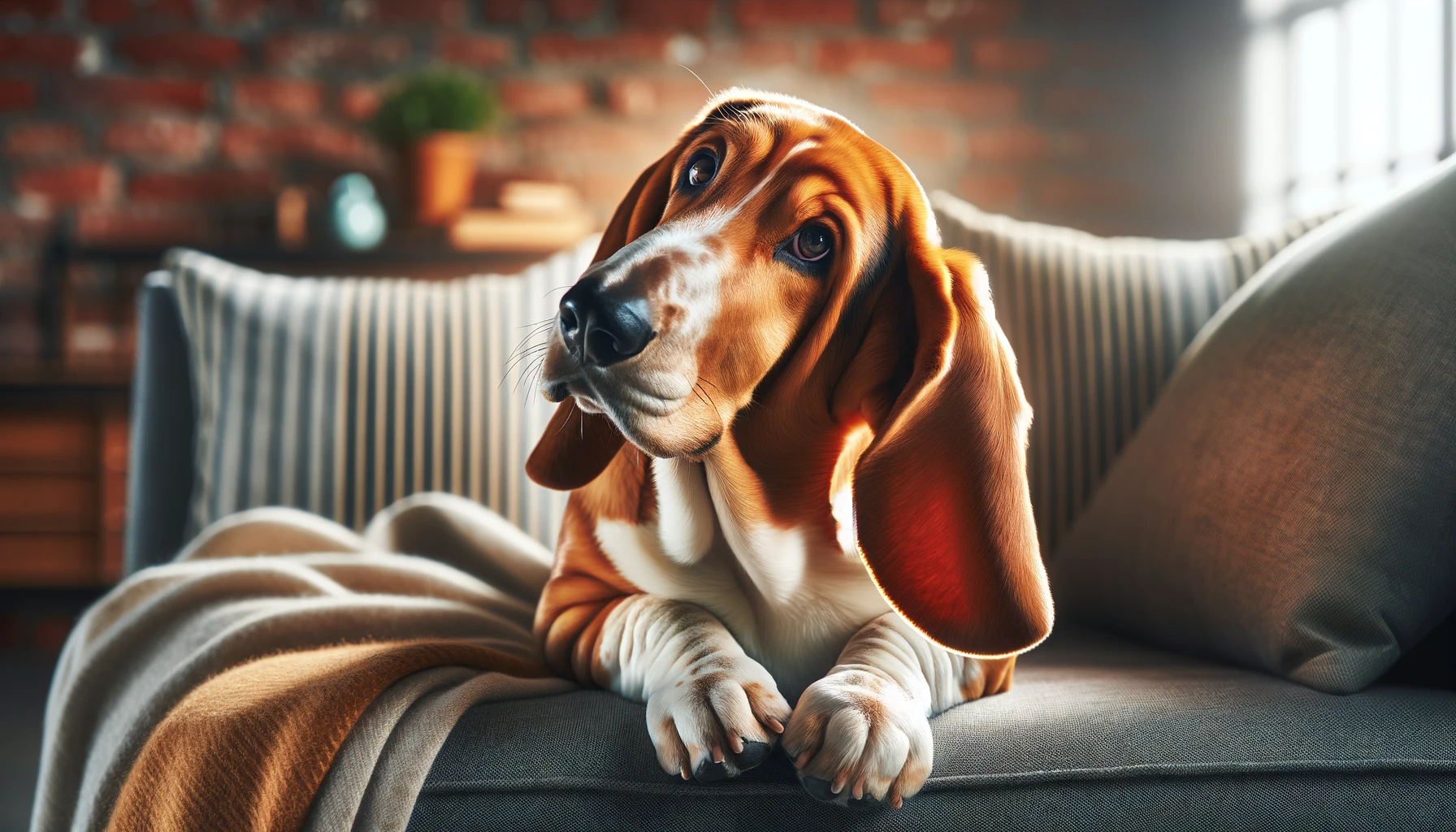 homeopathy for dogs itchy skin - A basset hound is sitting on a couch with itchy skin.