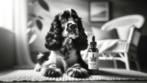 A black and white photo of a dog next to a bottle of Hemp oil for dogs anxiety.