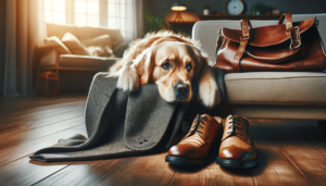 homeopathy for separation anxiety in dogs - A dog is sitting on a couch next to a pair of shoes.