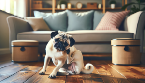 homeopathy for dogs itchy skin - A pug dog sitting on the floor in front of a couch.