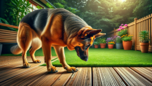 A german shepherd dog is standing on a wooden deck too anxious to go on the grass