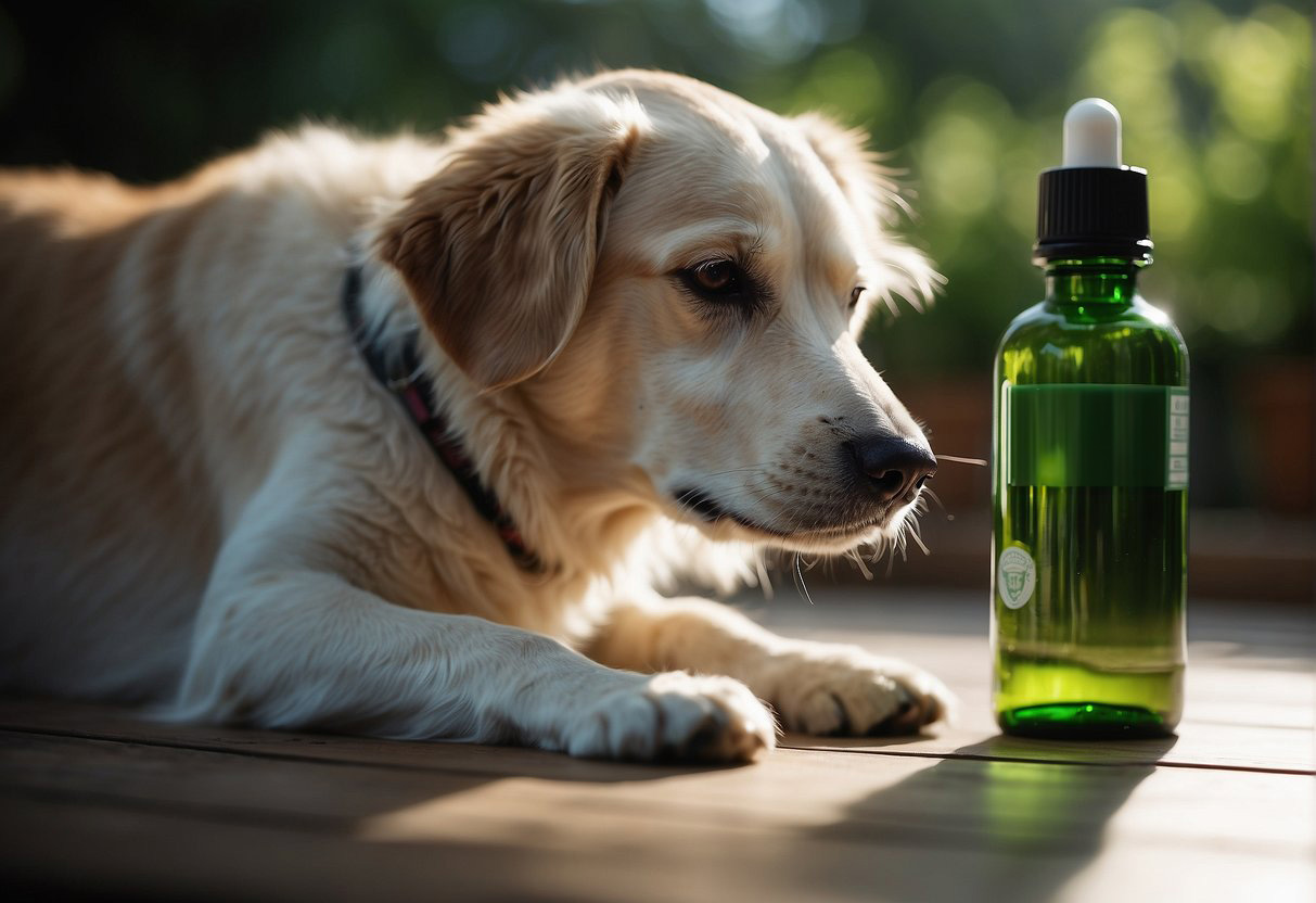 A dog looking at a homeopathic remedy.