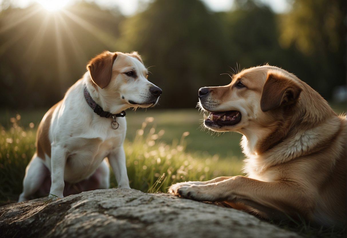 Two dogs sitting on a rock in the sun.