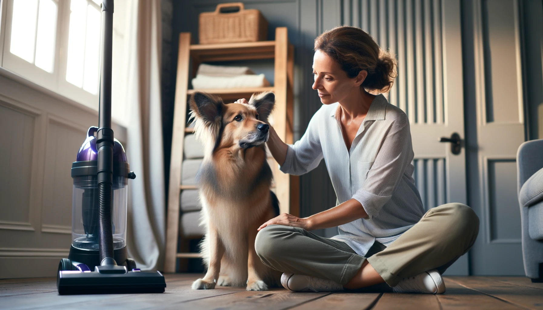 Dog scared of the vacuum - A woman petting her dog in front of a vacuum cleaner.