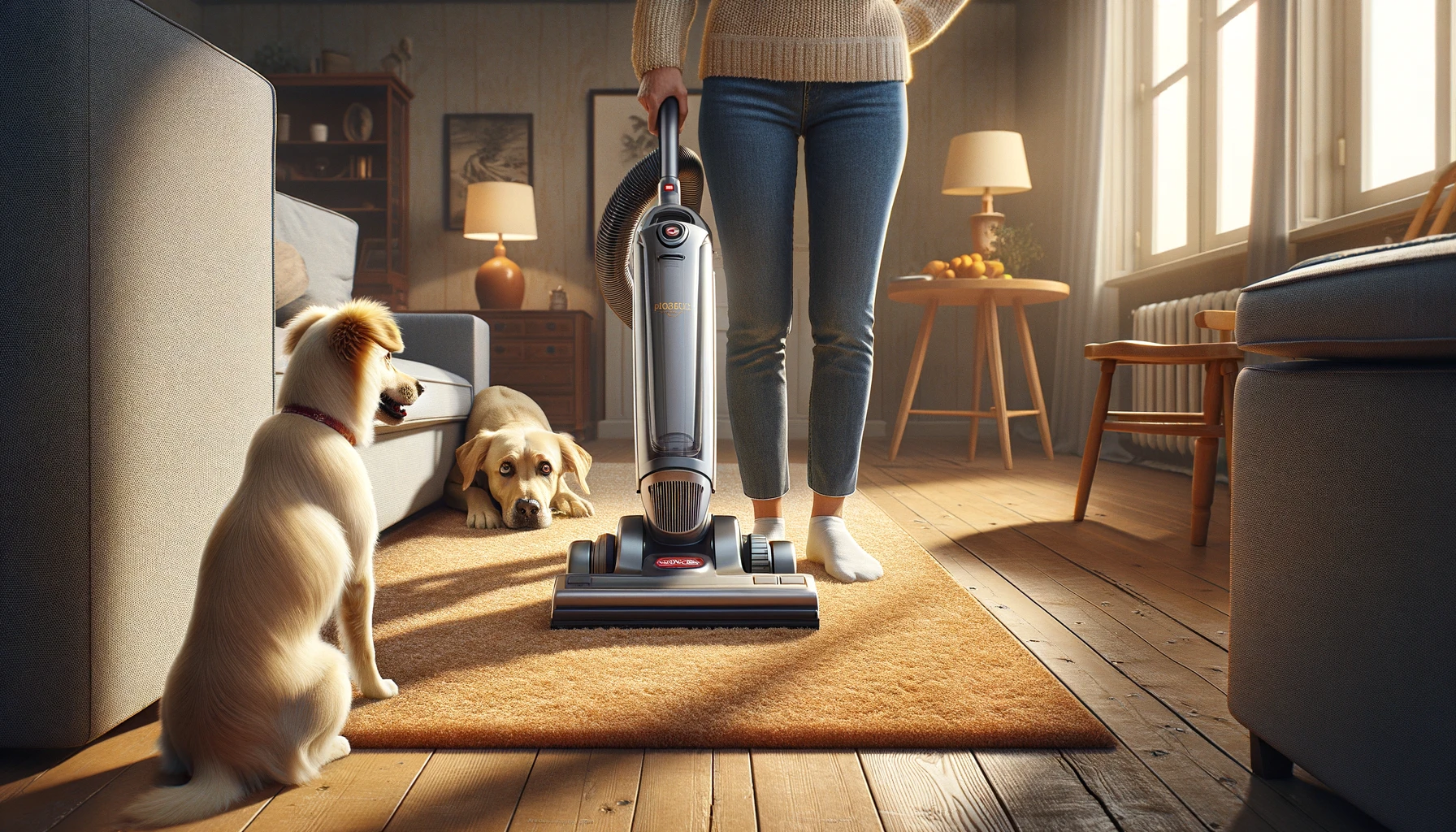 A woman vacuuming a living room with a dog.