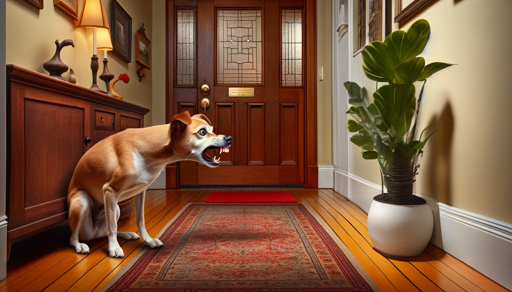 A pup stands anxiously in front of a door, frightened of something lurking in the home.