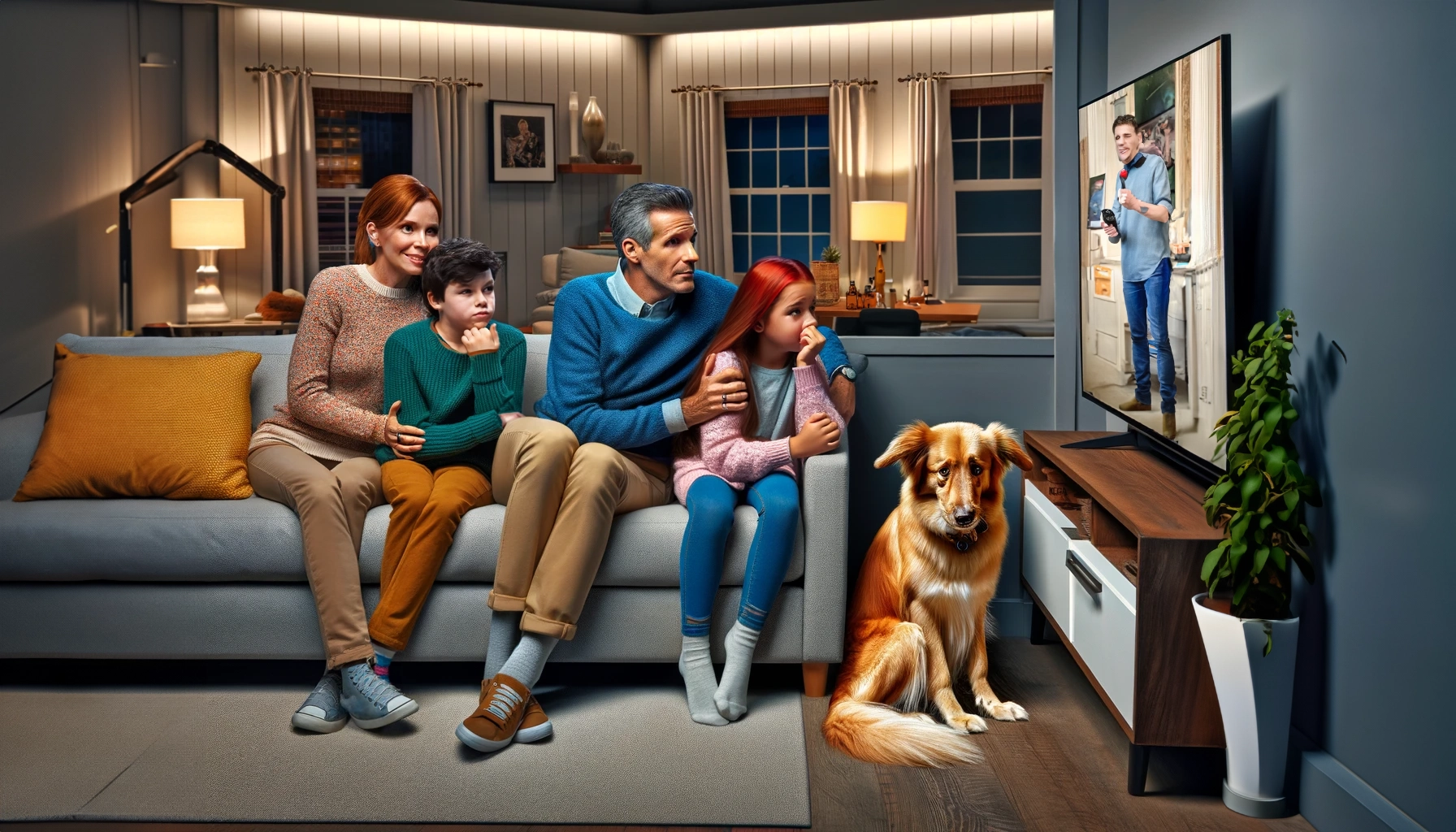 A family sitting on a couch watching tv with a suddenly scared dog.