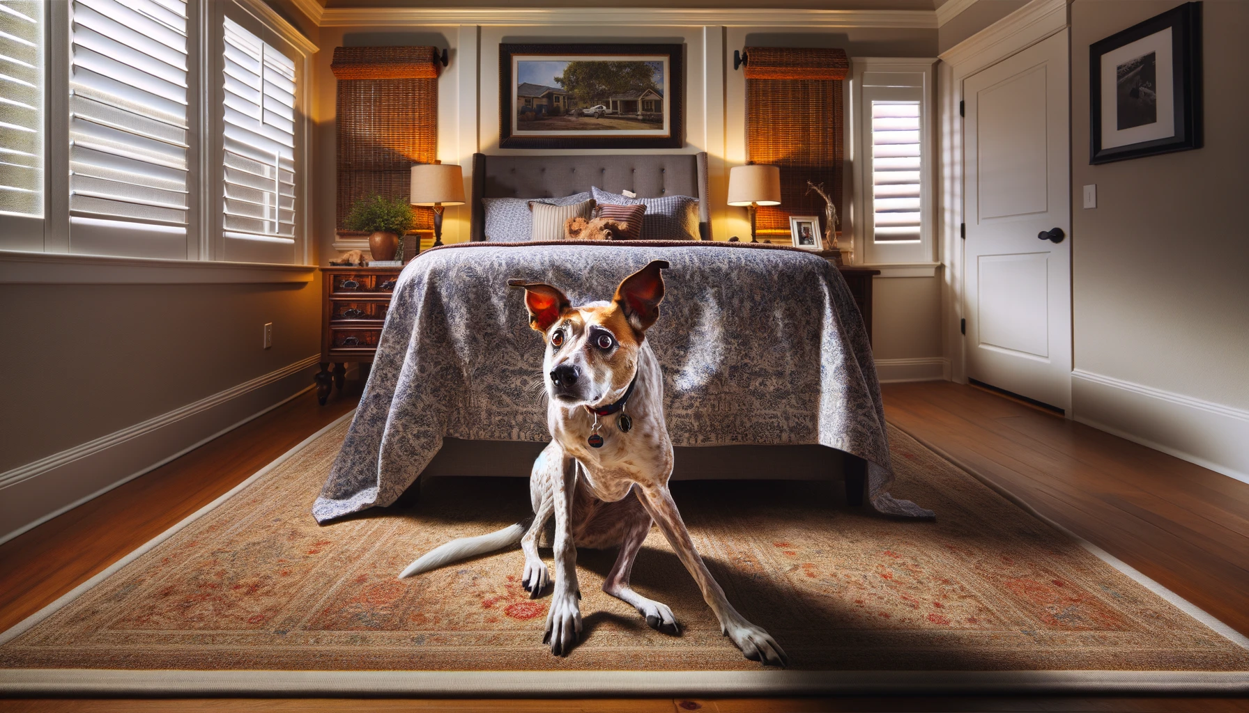 A dog, suddenly scared in a bedroom, sitting on a rug.