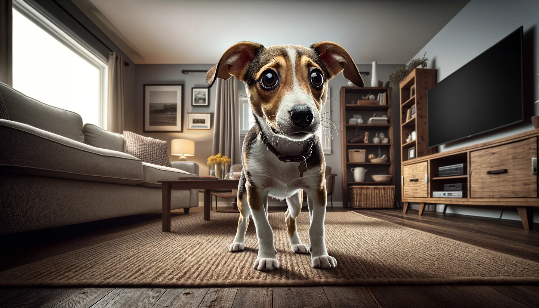 A scared puppy standing in a living room.