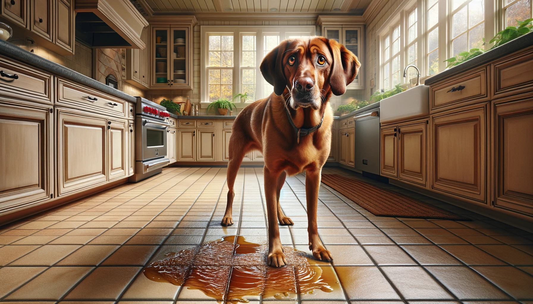 A scared dog stands on the tile floor in a kitchen.