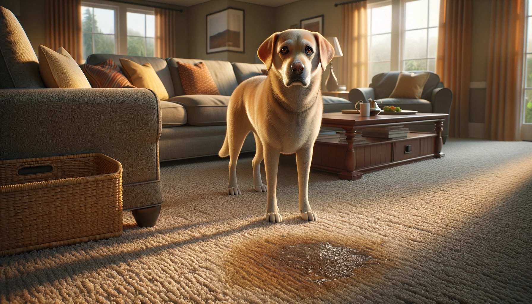 A dog standing on a carpet in a living room occasionally pees when scared.