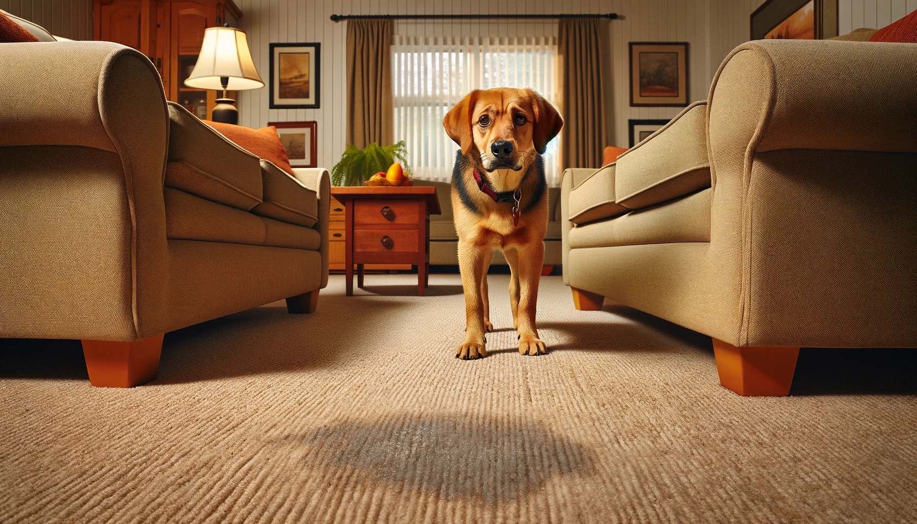A brown dog, sometimes peeing when scared, standing in a living room.