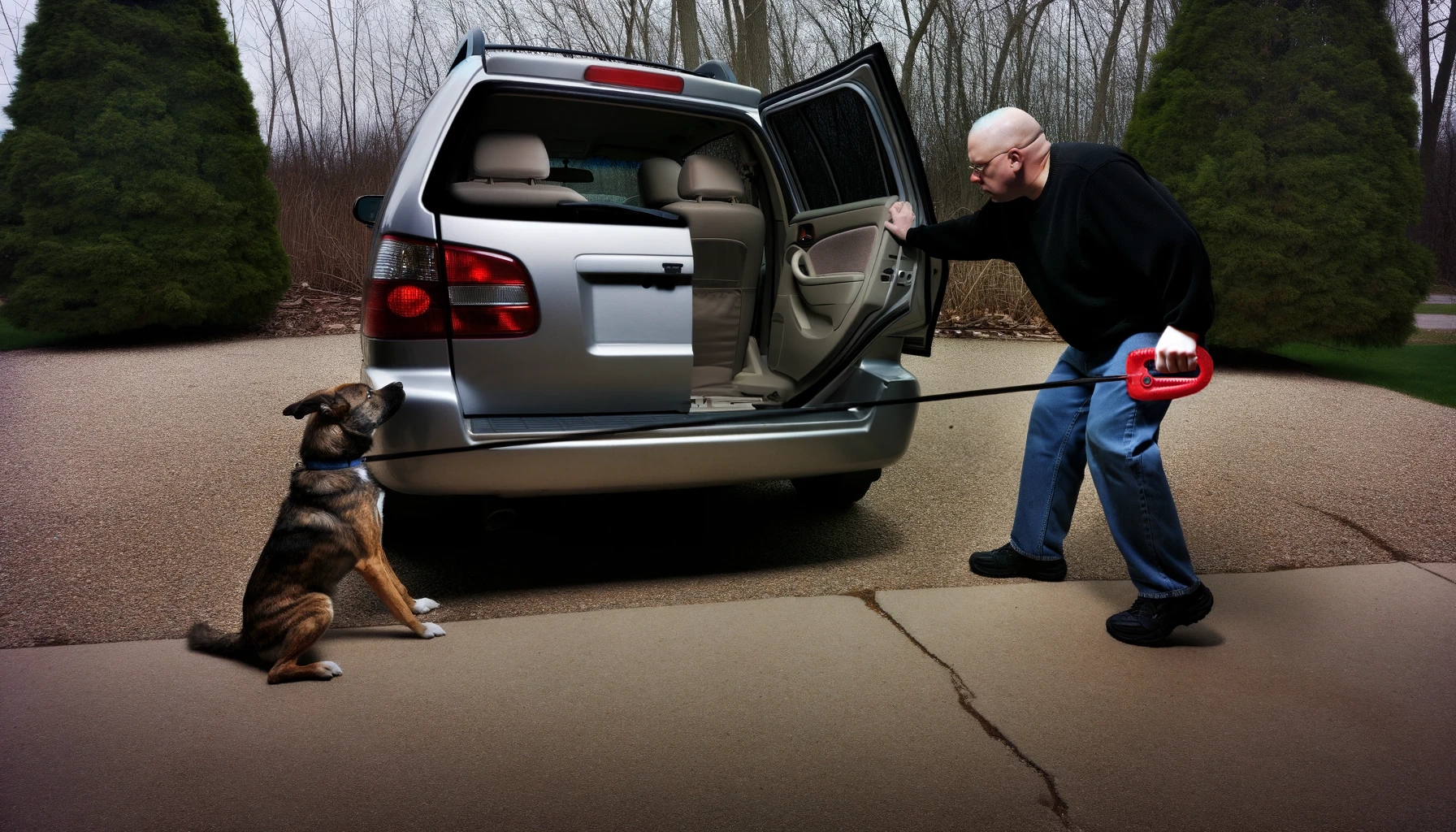 dog scared of cars - A man rescuing a scared dog from a car.