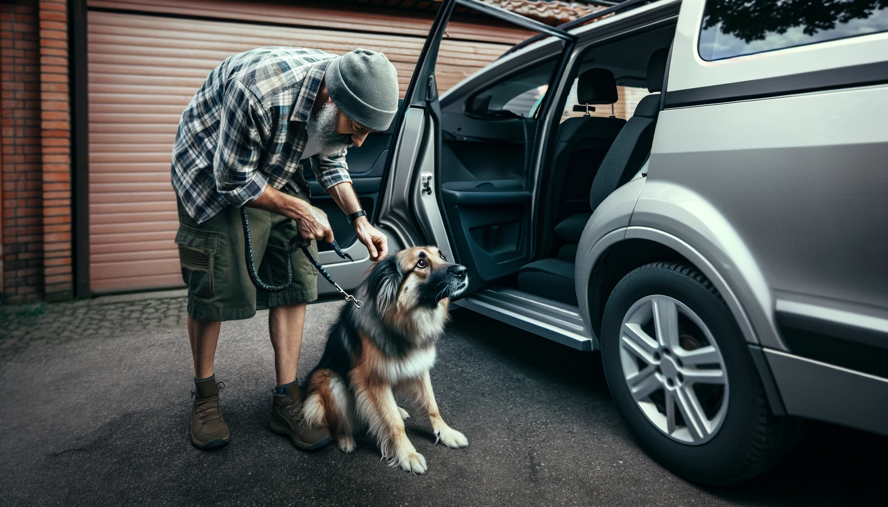A man getting his scared dog into a car