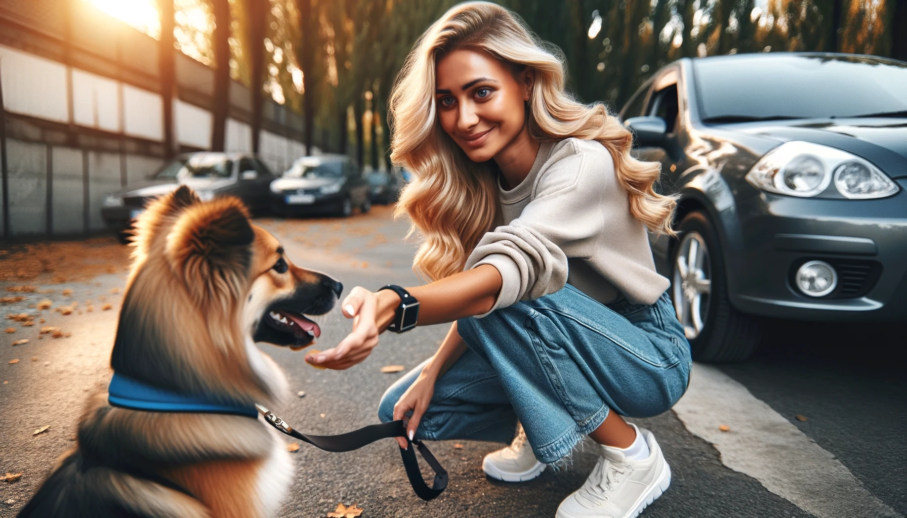 A woman gently pets her dog in front of a car.
