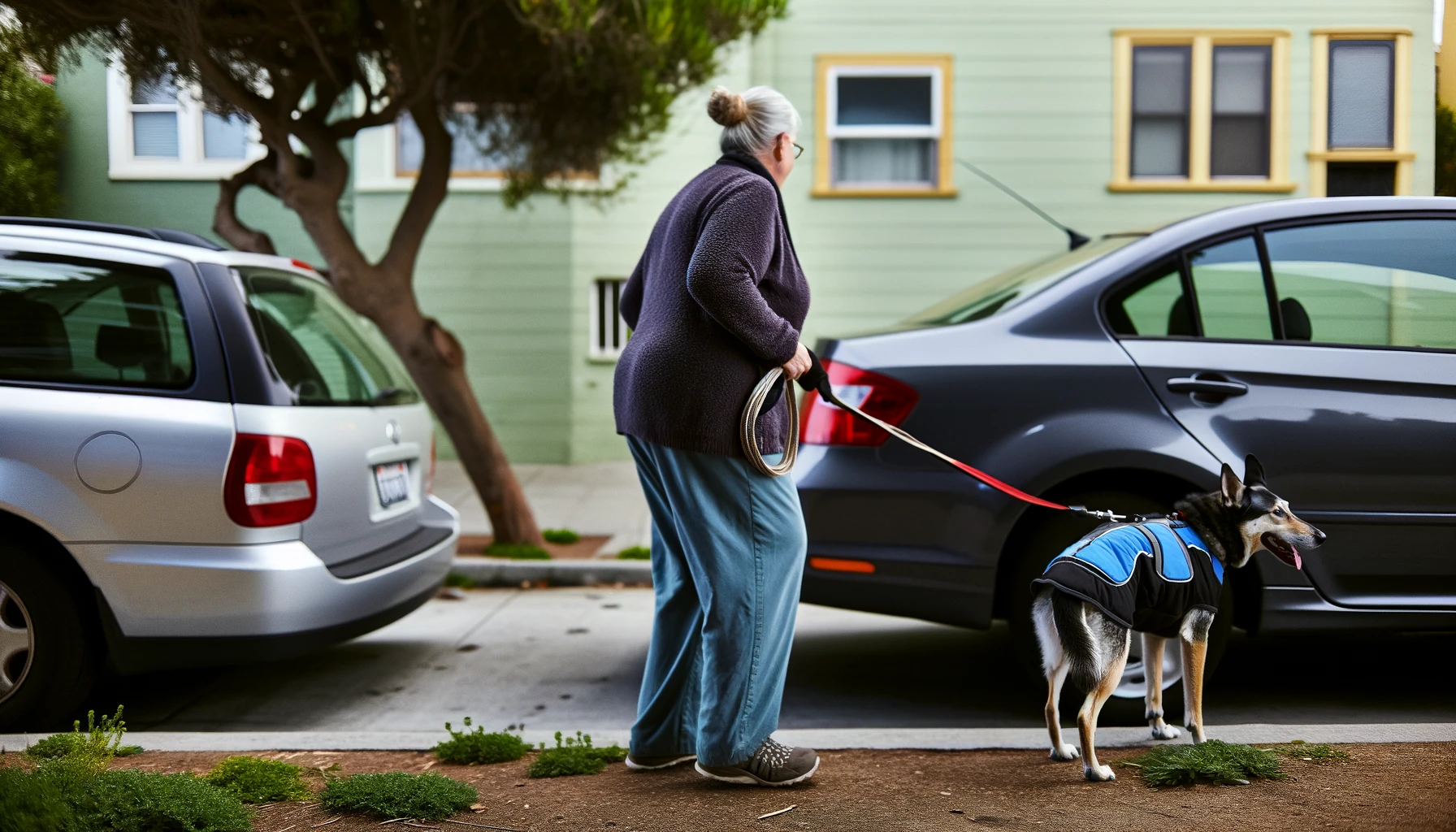 A woman walking her scared dog on a leash.