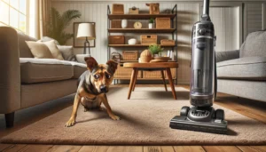 Dog scared of the vacuum - A dog is standing next to a vacuum cleaner in a living room.