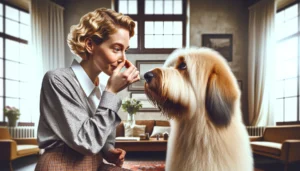 A woman is petting a dog in a living room.