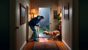 dog scared of rain - A man petting a dog in a hallway.