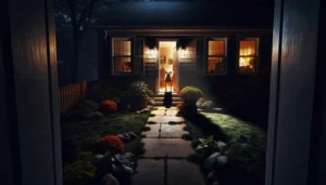 A house at night with a light shining in the doorway. dog suddenly afraid to go outside at night