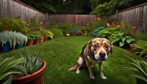 A dog sitting in a backyard.