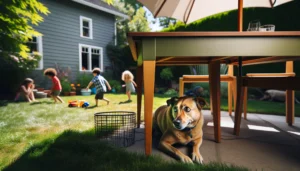 Dog scared of children - A dog is laying under a table in a backyard.