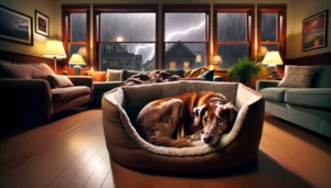 dog scared of storms - A dog laying in a dog bed.