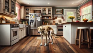 dog suddenly scared of something in the house while standing on a wooden floor in a kitchen.