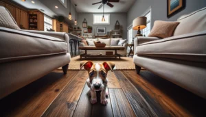 A scared puppy sitting on a wooden floor in a living room.