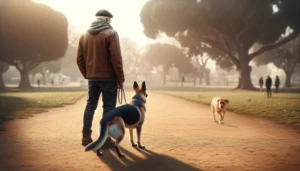 A man walking his dog on a path, wondering if his dog is protecting him or scared.