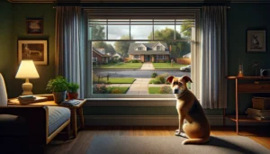 A dog sitting in front of a window.