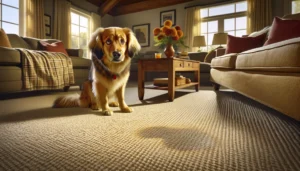 A dog lounging on a carpet in a cozy living room.