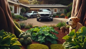 dog scared of cars - A car parked in a driveway with plants and a house, as a scared dog watches from afar.