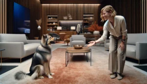 A woman is soothing a dog in a cozy living room.