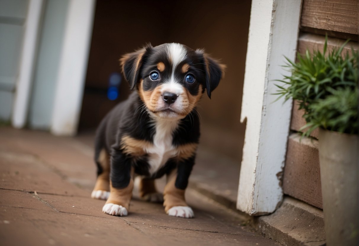 puppy is scared of everything - A trembling puppy cowers in a corner, wide eyes darting nervously at every sound and movement. Tail tucked between its legs, it flinches at the slightest touch, clearly overwhelmed by fear