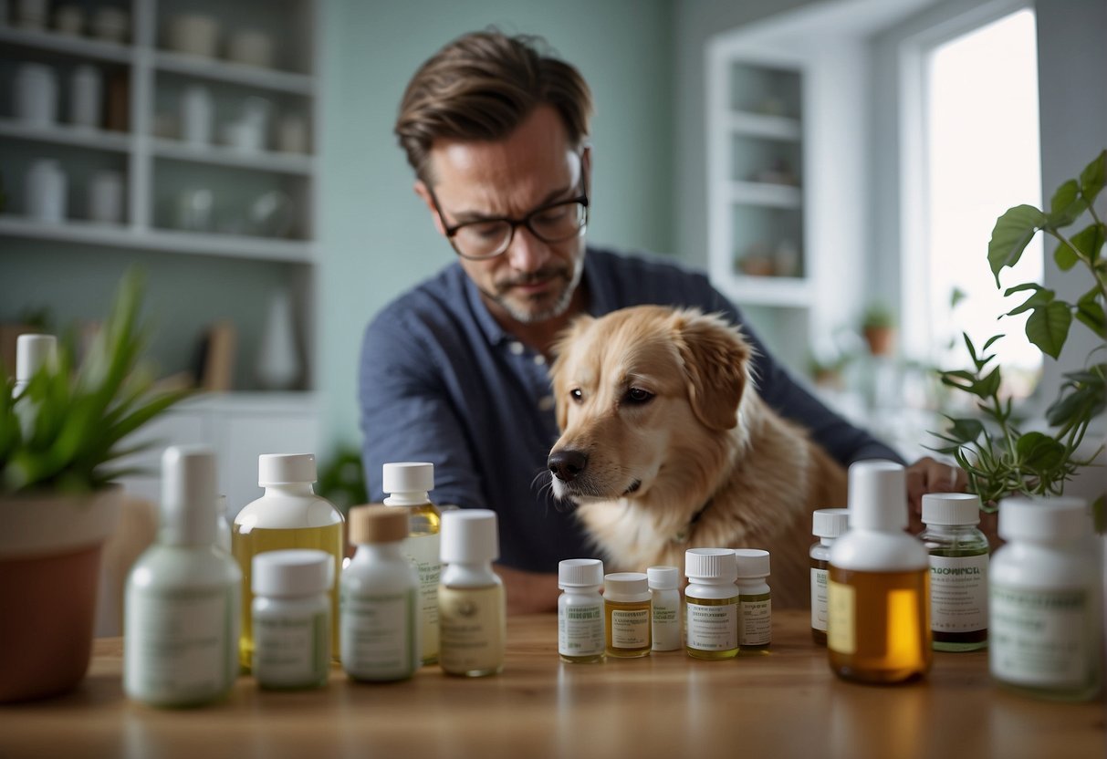 Homeopathy for dogs itchy skin - dog looking at lots of homeopathic remedies with his owner.