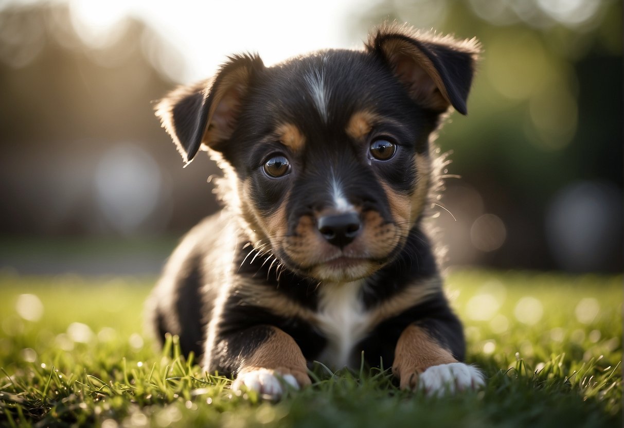 A small puppy cowers, ears flat, eyes wide, tail tucked
