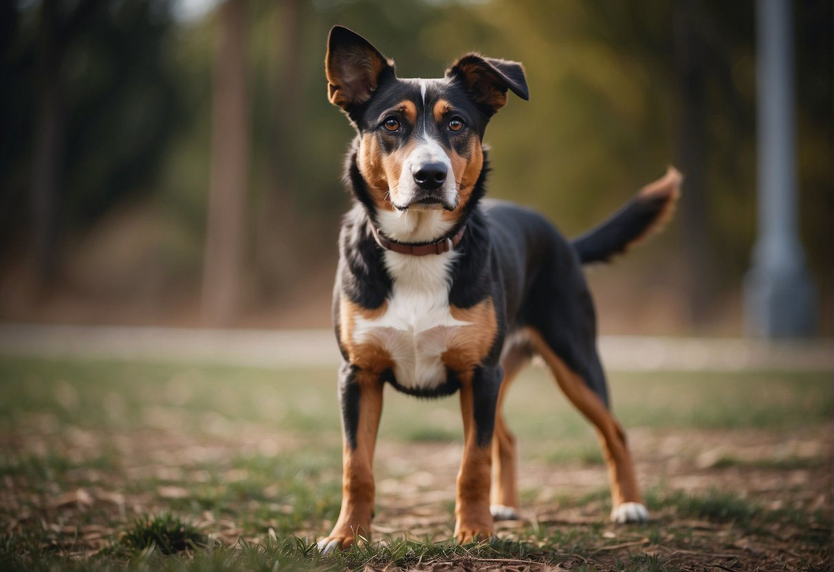 A black and tan dog standing in the grass, appear to be protecting.