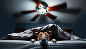 Dog peeking out from under a blanket on a bed, with a ceiling fan overhead.