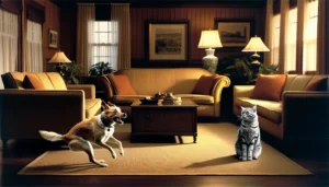 A dog scared of cats, cat sitting calmly in a well-furnished living room.