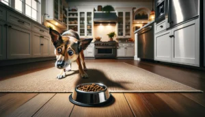 Dog cautiously approaching a bowl of food in a kitchen.