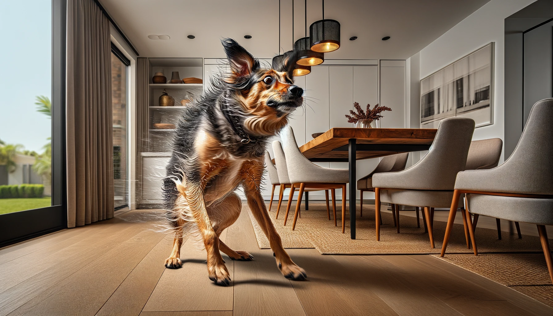 A dog in a living room appears scared and shaking.