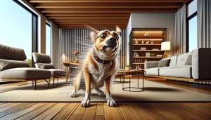 why is my dog acting scared and shaking - A dog shaking in a living room.