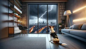A scared dog is looking out of a window at a lightning storm over the city