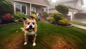 A scared dog standing in the wind in the front garden, fur, grass and plants are being blown