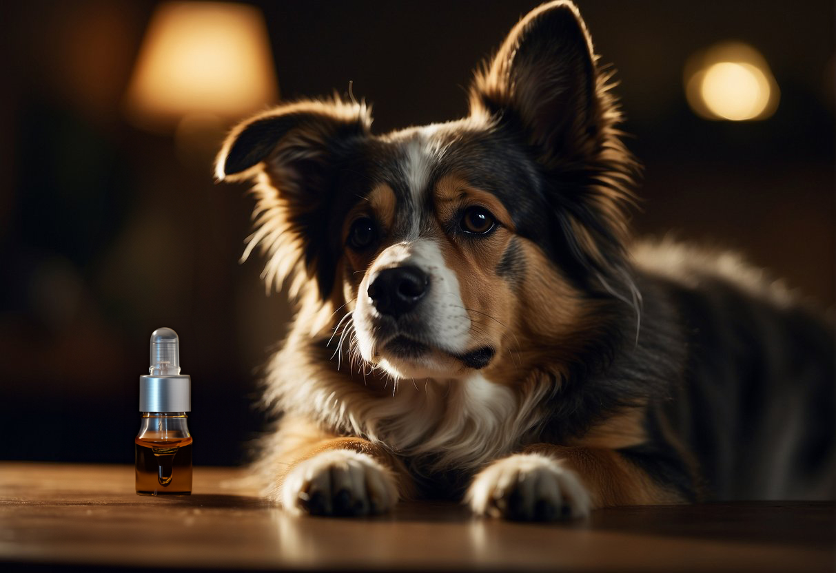 A dog is resting peacefully on a table next to a bottle of CBD oil, which can help with anxiety in dogs.