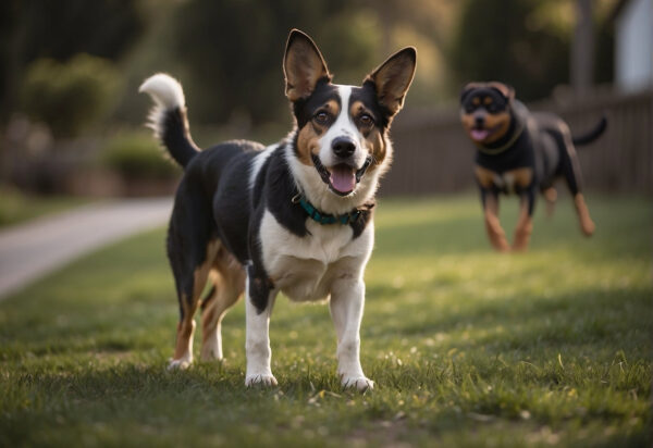 Two dogs, one in the foreground with an alert expression—perhaps scared—and one playfully running in the background, on a grassy field during golden hour.
