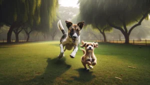 Two scared dogs hesitantly moving through a misty park.